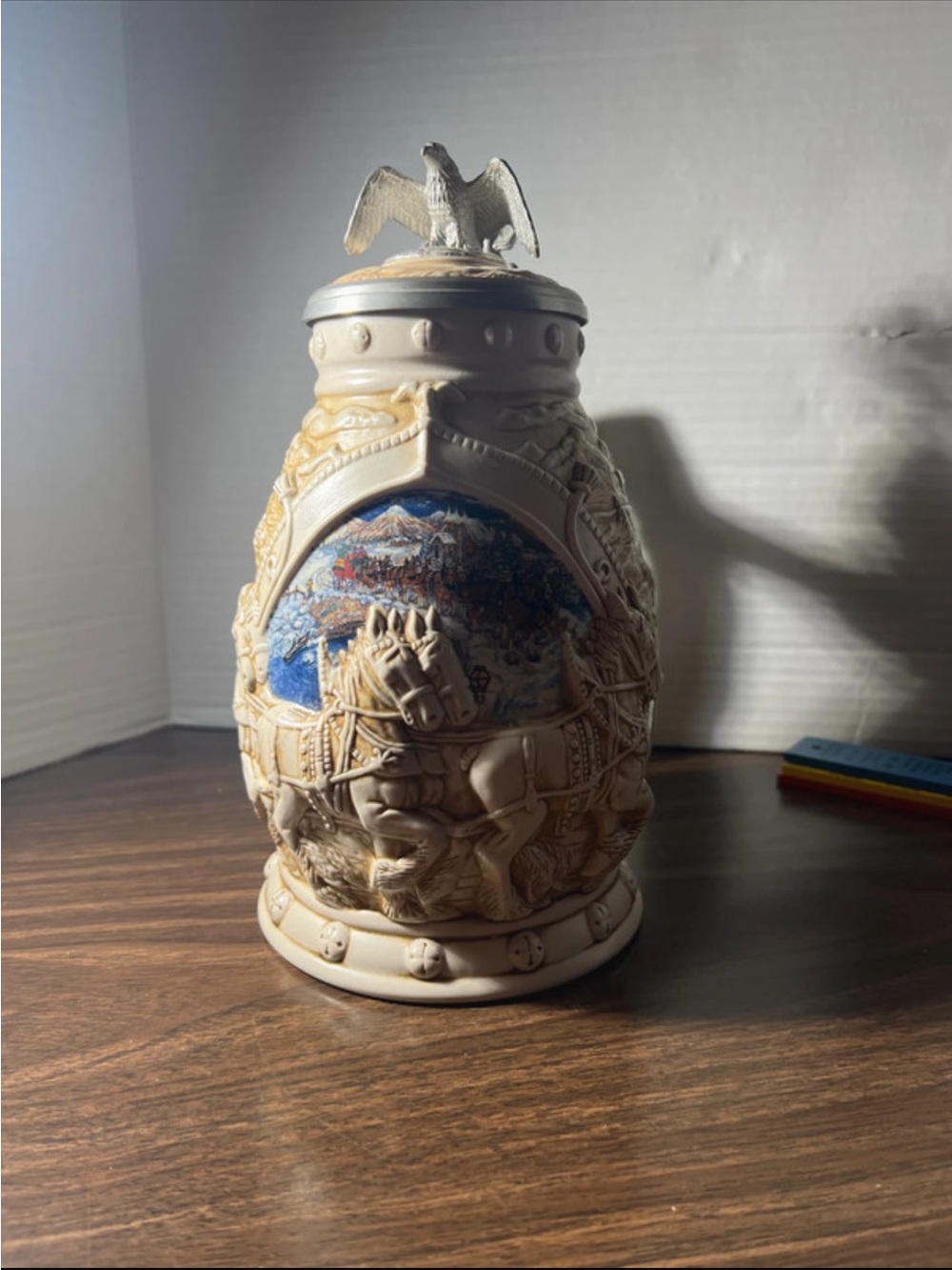 Vintage Clydesdales Ceramic Steins-Style Decorative Vase with Eagle Lid